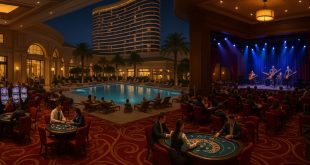 کازینوی مدرن با استخر، اجرای زنده موسیقی و میزهای بازی در فضای لوکس
