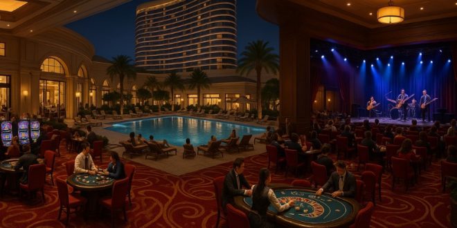 کازینوی مدرن با استخر، اجرای زنده موسیقی و میزهای بازی در فضای لوکس